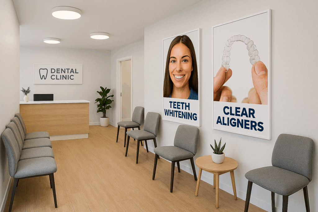 Dental clinic waiting room, with promotional images